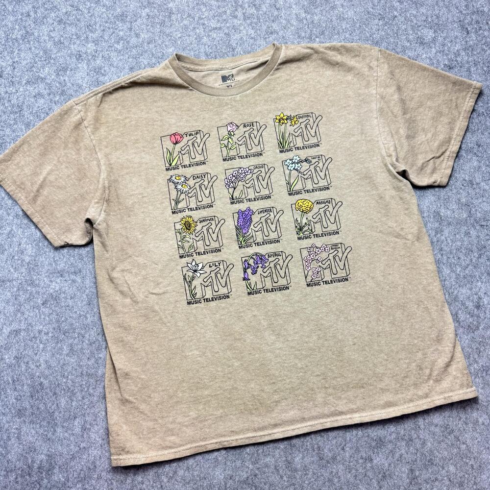 MTV Shirt Womens XL Beige Y2K Baggy Fit Flowers Graphic Tee Music Television